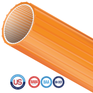 HDPE duct with inner and outer ribs. The internal longitudinal ribs for a reduced coefficient of friction, while the external ribs help prevent spiraling and reduce friction when pulling innerduct into larger conduits. Available with optional Silicore ULF permanently lubricated lining.