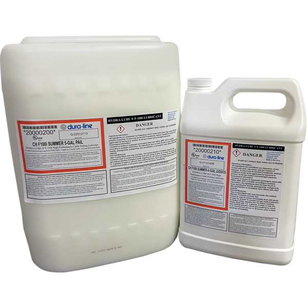 HydraLube F-100i incorporates new lubricant technology to create a high performance, water-based pourable lubricant formulated for many applications, such as fiber optic, coaxial, 600 V and higher voltage-rated cables. It is designed to meet or exceed all cable pulling requirements with respect to viscosity, cling, drag, wetting, operational temperature range and reduction of pulling tension. Lubricant application systems are available. UL Listed.