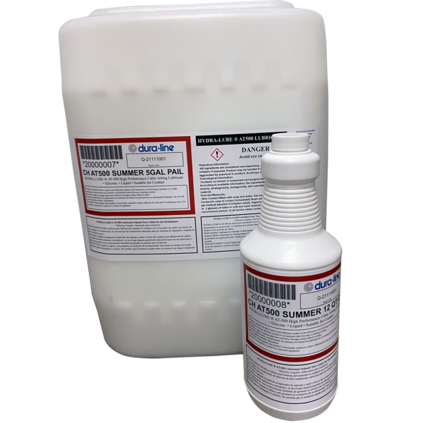 HydraLube® AT-500 is a high performance silicone lubricant formulated specifically for use with compressed air-assisted cable blowing, jetting and pushing systems. These systems inject a high volume of air into the conduit which will rapidly dry out conventional cable placement lubricants (including silicone-based) and cause surface stickiness. Futhermore, the initial temperature of the compressed air can be very high, which will accelerate drying of the lubricant. HydraLube® AT-500 deposits a special low friction silicone coating on the conduit wall surface that is resistant to the drying effects of the rapid air movement and high heat. This product is fully compatible with cable jackets and HDPE or PVC conduit systems.