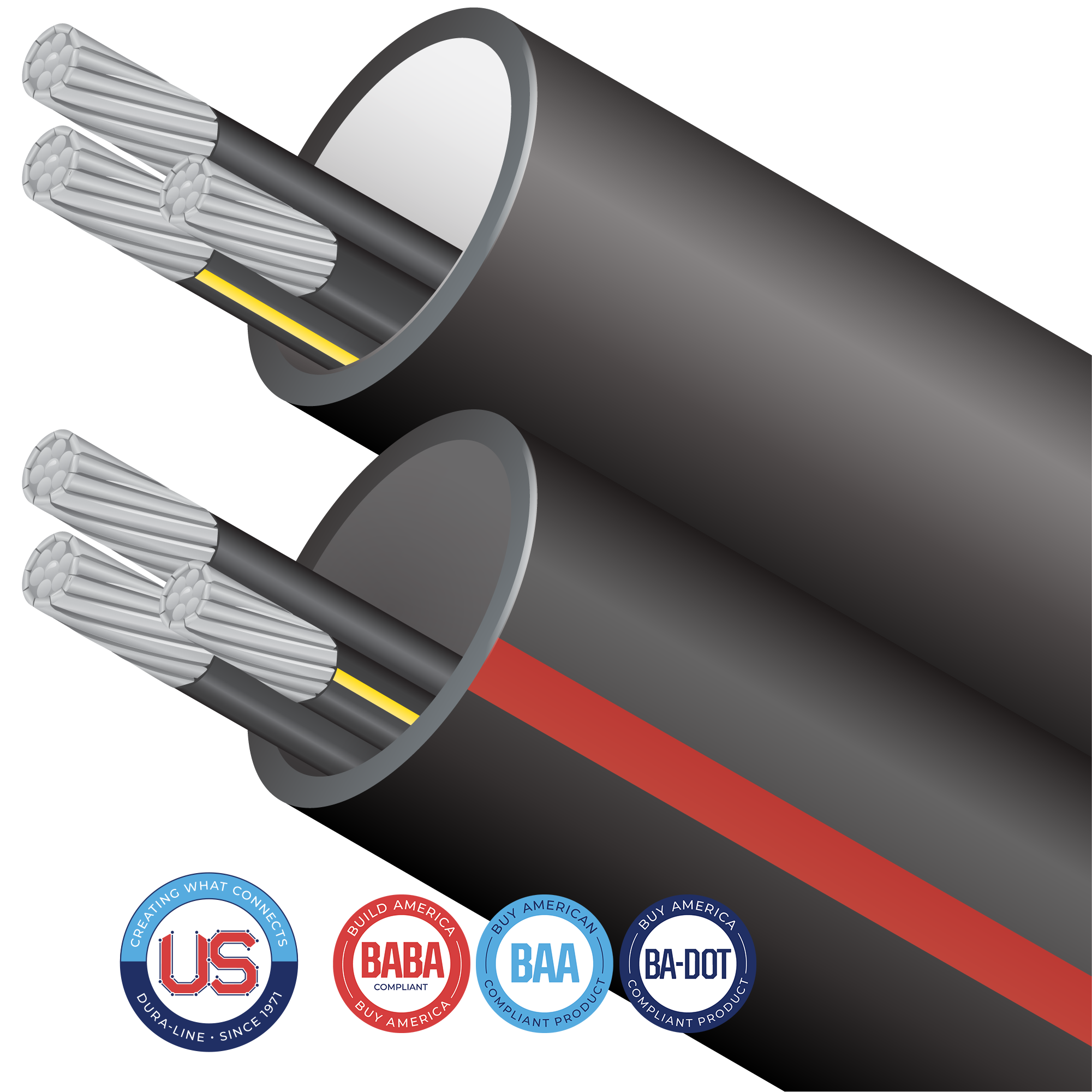 With Cable-in-Conduit (CIC), your choice of cable is factory pre-installed allowing for one-step placement of conduit and cable. We offer an extensive portfolio of US-made conduit products and accessories that conform with several domestic preference standards, including Buy America (BAA), Build America, Buy America (BABA), and DOT Buy American requirements. Any products including a locate wire or preinstalled cables, will need to be specifically evaluated. FIre Retardant Resins may also require additional evaluation to meet program guidelines. Please contact your Dura-Line representative for more information.