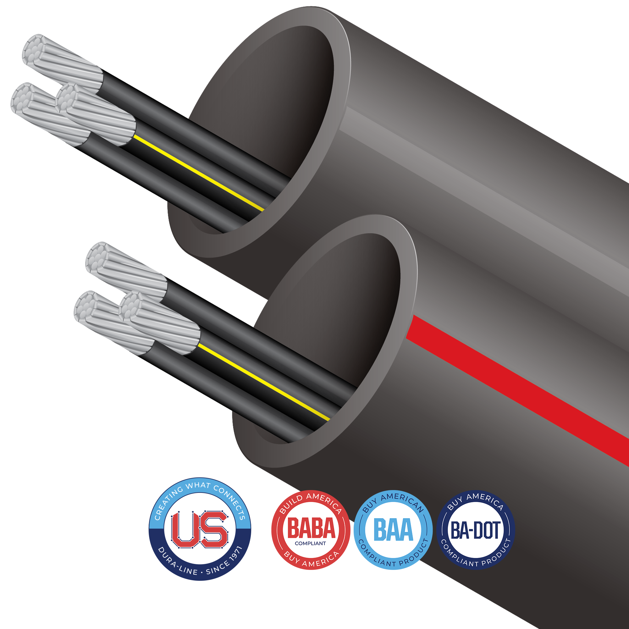 With Cable-in-Conduit (CIC), your choice of cable is factory pre-installed allowing for one-step placement of conduit and cable. We offer an extensive portfolio of US-made conduit products and accessories that conform with several domestic preference standards, including Buy America (BAA), Build America, Buy America (BABA), and DOT Buy American requirements. Any products including a locate wire or preinstalled cables, will need to be specifically evaluated. FIre Retardant Resins may also require additional evaluation to meet program guidelines. Please contact your Dura-Line representative for more information.