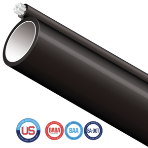 Standard Figure-8 aerial conduit is designed with an Extra High Strength (EHS) flooded galvanized support strand for one-step aerial placement. The conduit is manufactured with carbon black and antioxidants for maximum UV protection. Figure-8 can be installed with standard aerial installation practices. We offer an extensive portfolio of US-made conduit products and accessories that conform with several domestic preference standards, including Buy America (BAA), Build America, Buy America (BABA), and DOT Buy American requirements. Any products including a locate wire or preinstalled cables, will need to be specifically evaluated. FIre Retardant Resins may also require additional evaluation to meet program guidelines. Please contact your Dura-Line representative for more information.